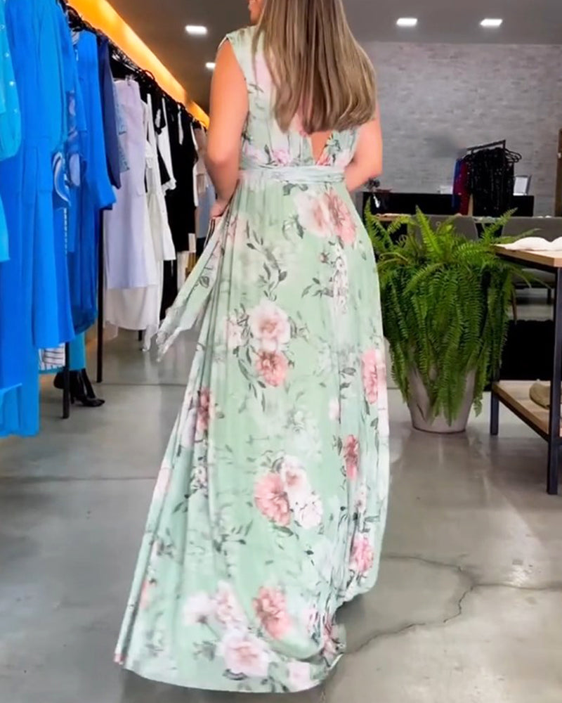 Nia - Sleeveless Floral Split Hem Long Dress