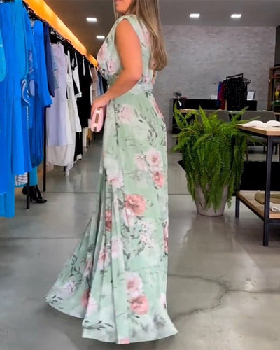 Nia - Sleeveless Floral Split Hem Long Dress