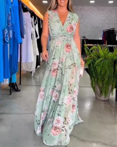 Nia - Sleeveless Floral Split Hem Long Dress