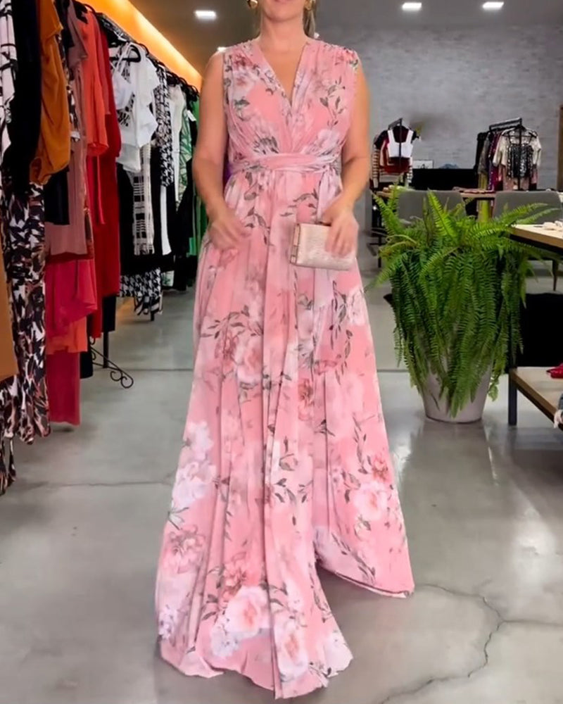 Nia - Sleeveless Floral Split Hem Long Dress