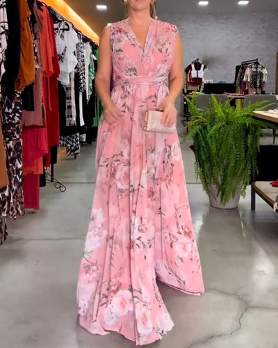 Nia - Sleeveless Floral Split Hem Long Dress
