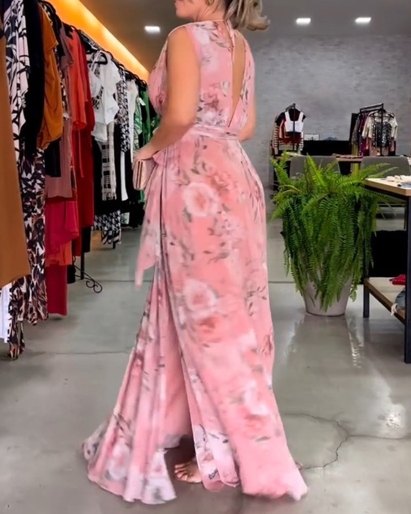 Nia - Sleeveless Floral Split Hem Long Dress