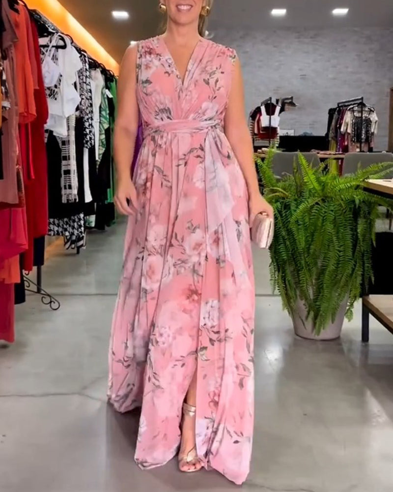 Nia - Sleeveless Floral Split Hem Long Dress