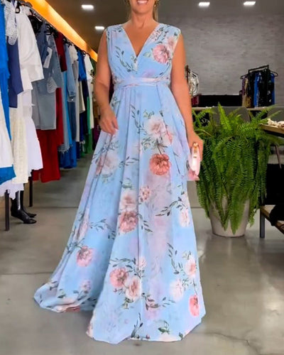 Nia - Sleeveless Floral Split Hem Long Dress