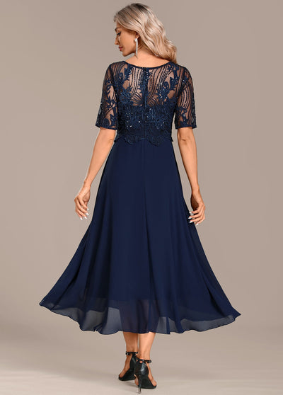 Helena™ | Navy Lace Short Sleeve Round Neck Dress