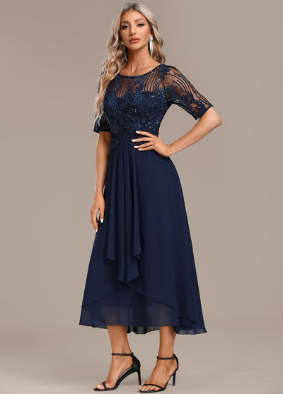 Helena™ | Navy Lace Short Sleeve Round Neck Dress