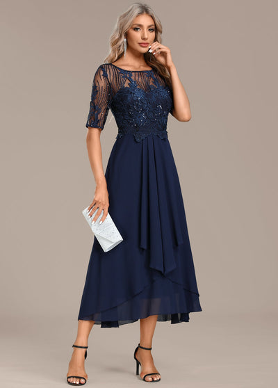 Helena™ | Navy Lace Short Sleeve Round Neck Dress