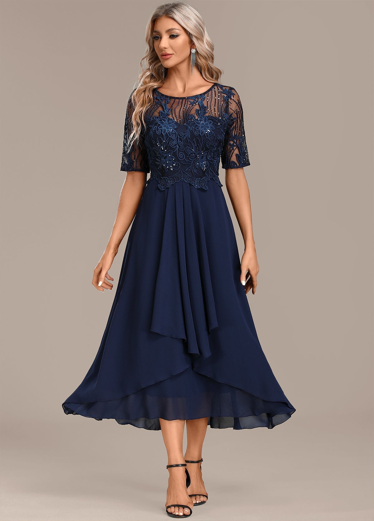 Helena™ | Navy Lace Short Sleeve Round Neck Dress