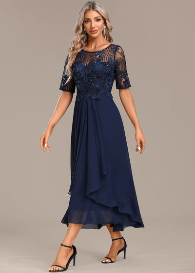 Helena™ | Navy Lace Short Sleeve Round Neck Dress