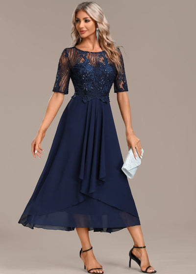 Helena™ | Navy Lace Short Sleeve Round Neck Dress