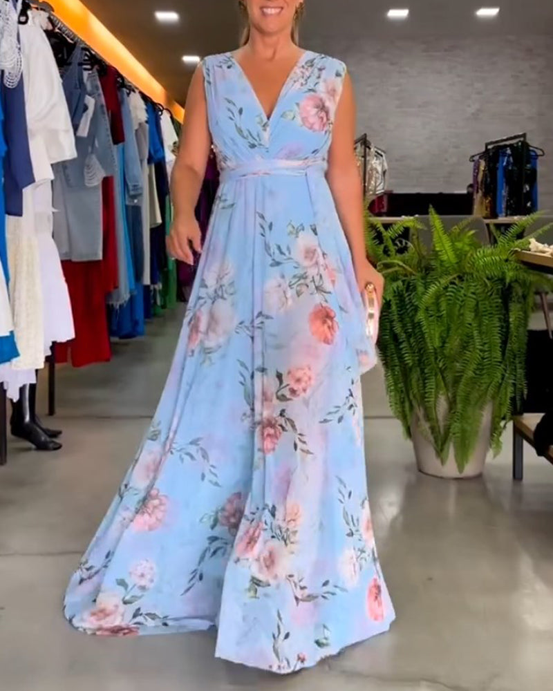 Nia - Sleeveless Floral Split Hem Long Dress