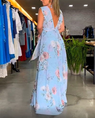 Nia - Sleeveless Floral Split Hem Long Dress