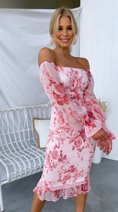 Nadhia - Floral Off Shoulder Smocked Waist Midi Dress