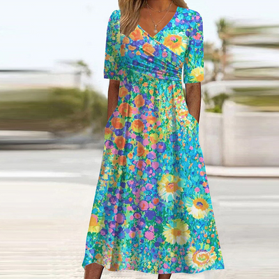 Esya - Short Sleeve Floral Midi Dress