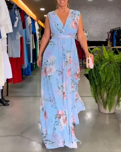 Nia - Sleeveless Floral Split Hem Long Dress