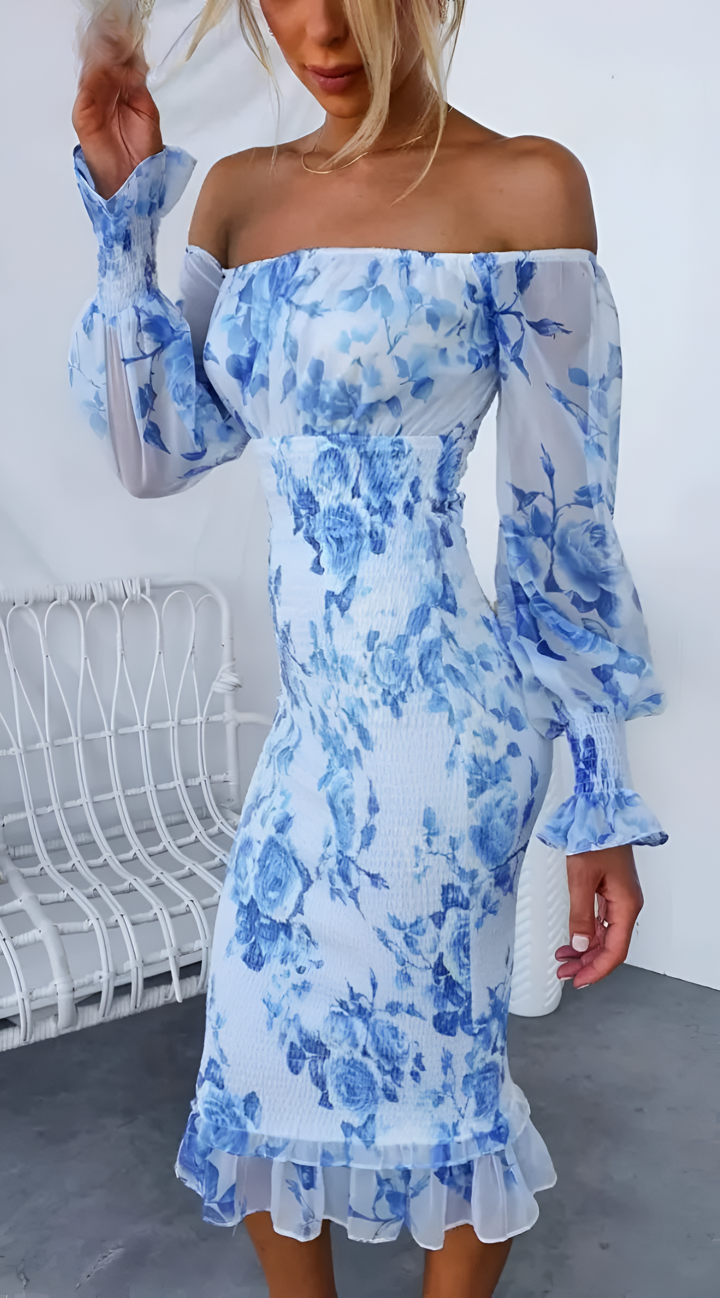 Nadhia - Floral Off Shoulder Smocked Waist Midi Dress