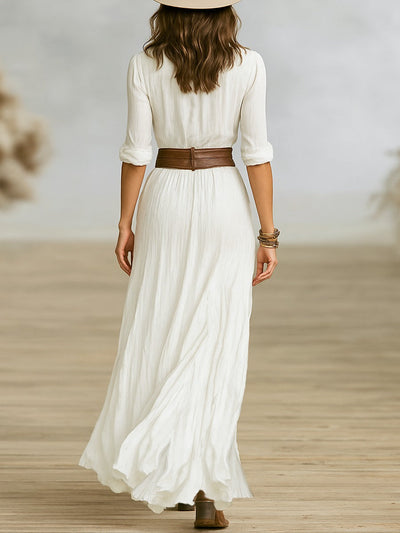 Christy™ | Long Belted Dress With Pleated Lapels