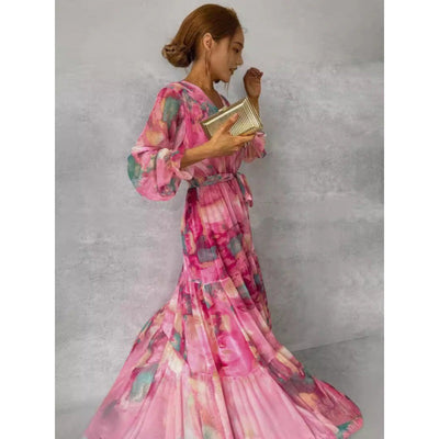 Trina - Pleated V-Neck Boho Maxi Dress