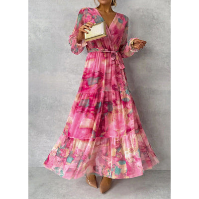 Trina - Pleated V-Neck Boho Maxi Dress