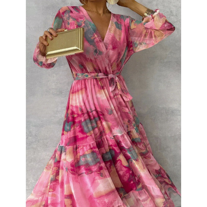Trina - Pleated V-Neck Boho Maxi Dress