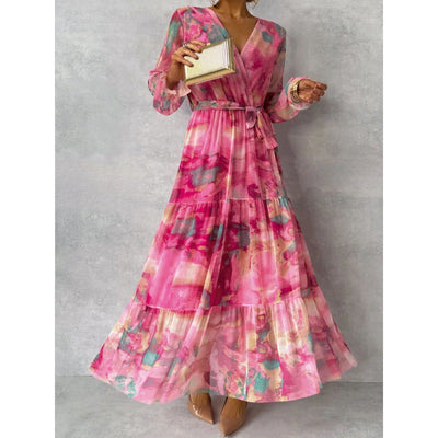 Trina - Pleated V-Neck Boho Maxi Dress