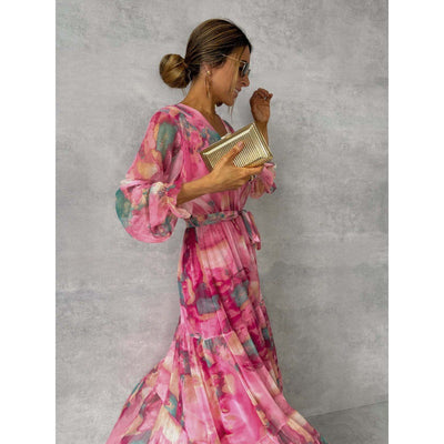 Trina - Pleated V-Neck Boho Maxi Dress