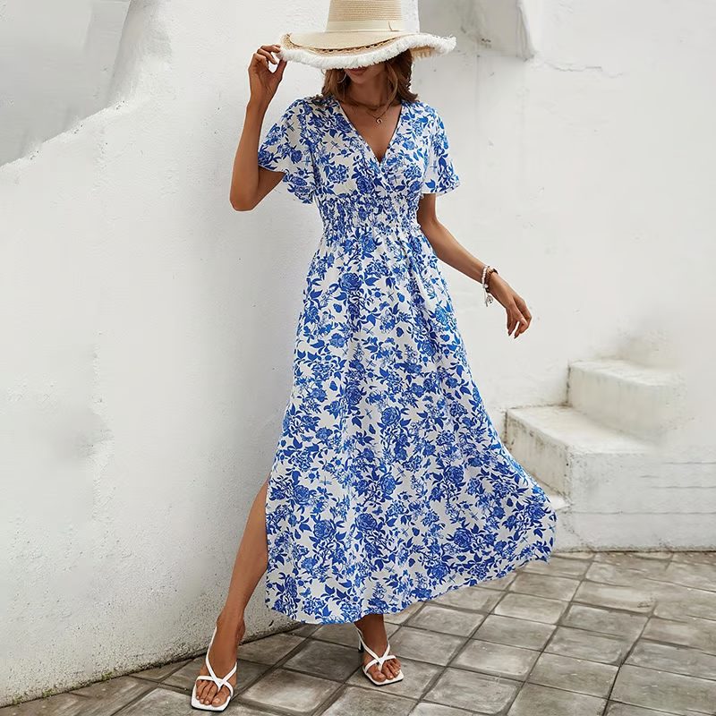 Beau - Bohemian V-Neck Blue Beach Dress