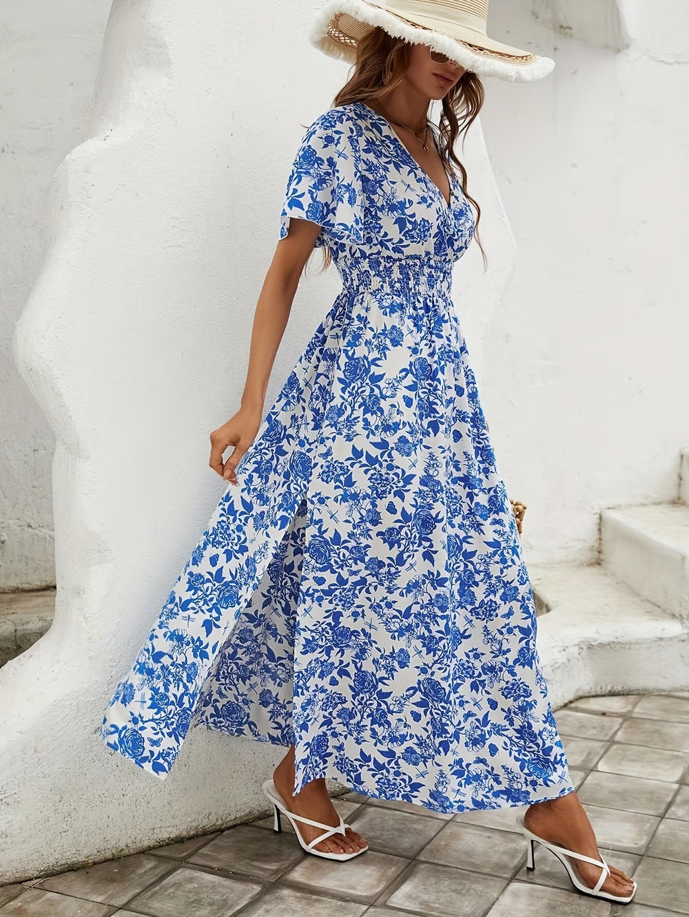 Beau - Bohemian V-Neck Blue Beach Dress