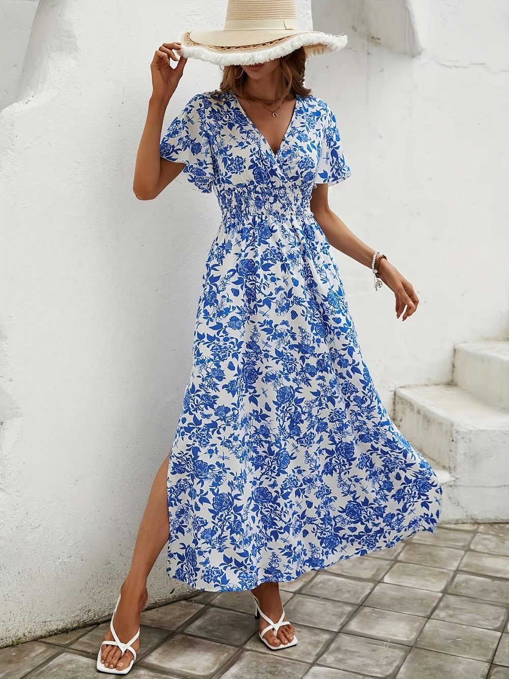 Beau - Bohemian V-Neck Blue Beach Dress