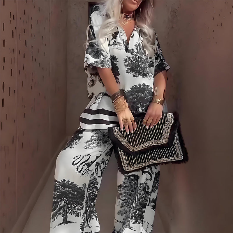 Hazel™ | Printed V-Neck Top & Long Pants
